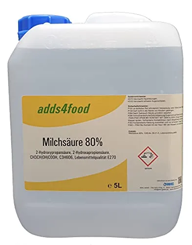 Chemdiscount 5 Liter Milchsäure 80% Lebensmittelqualität E270 - Laborchemikalien, hochwertige L(+) Milchsäure in Lebensmittelqualität mit über 97% stereochemischer Reinheit, ideal für Lebensmittelanwendungen.