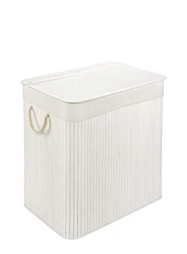 Wäschekorb mit Deckel und Fach - stabile Wäschebox Bambus - Wäschekorb Weiß mit Wäschesack, waschbar - 100% Bambus - 72 Liter