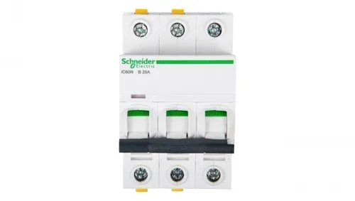 Leistungsschalter 3P B 25A 6kA AC iC60N-B25-3 A9F03325 - Fehlerstromschutz (RCD) mit 3 Polen, hoher Kurzschlussfestigkeit von 6kA und ideal für den Schutz elektrischer Installationen.