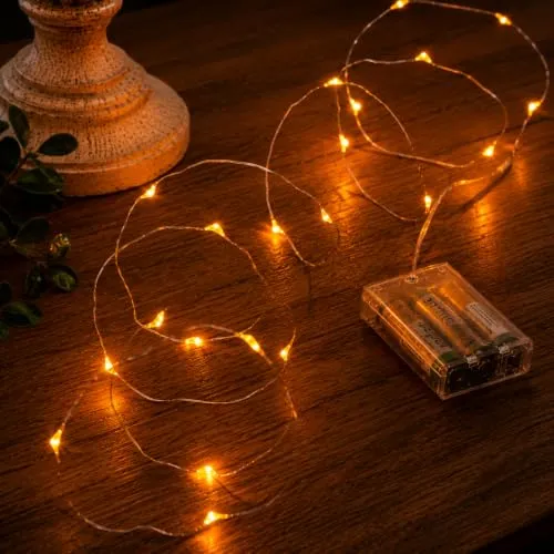 Festive Lights Micro LED Lichterkette Silberdraht Mikro LED Draht batteriebetrieben 20 LEDs Mini Drahtlichterkette Kinderzimmer (Bernsteinfarben)