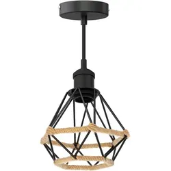 ledscom.de Vintage Pendelleuchte RETRA, schwarz, E27 Fassung, Käfig-Schirm, schwarz mit Hanf, 155mm Ø