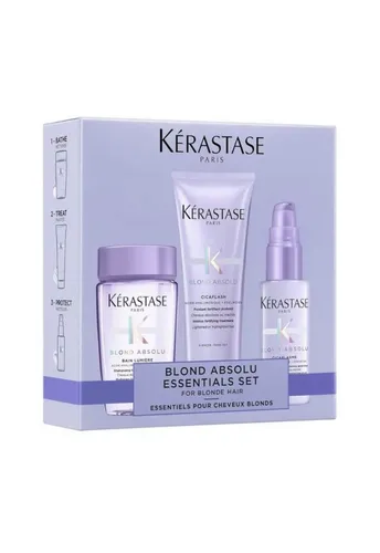 Kérastase Blond Absolu Discovery Set - Haarpflegeset für blondes Haar - Shampoos - Entdecken Sie die Probiergrößen für blondes Haar: stärkendes Haarbad, kräftigender Fondant und feuchtigkeitsspendender Hitzeschutz in einem praktischen Set.