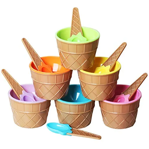TRIXES 6-teiliges Eisschalen-Set – Buntes Waffel-Design mit passenden Löffeln – Robuste Kunststoffschalen für Kinder