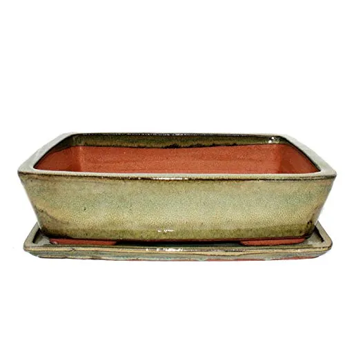 exotenherz Bonsai-Schale mit Unterteller Gr. 5 - Oliv-braun - Elegante rechteckige Bonsai-Schale aus Yixing, inklusive Untersetzer. Ideal für die Pflege von Zimmerbonsai. Mit Entwässerungslöchern für optimale Pflanzenbedingungen. Maße: L 32cm, B 24,5cm, H 8cm.