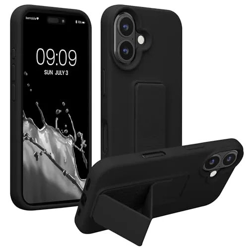kwmobile Handyhülle für Apple iPhone 16 Hülle - TPU Silikon Case mit Fingerhalter und Stand - Schutzhülle Cover in Schwarz
