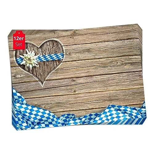 Tischset I Platzset - Bayerisches Motiv mit Herz und Edelweiß - 12 Stück 44 x 32 cm aus Premium Naturpapier - die besondere Motto-Tischdekoration fürs Oktoberfest oder Weisswurst Frühstück