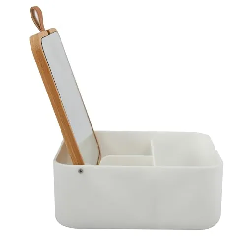 Spirella Kosmetikspiegel, Schminkspiegel mit Ablage für Make Up, Kosmetik, Tischspiegel Bambus, weiß-Natur Alais, White