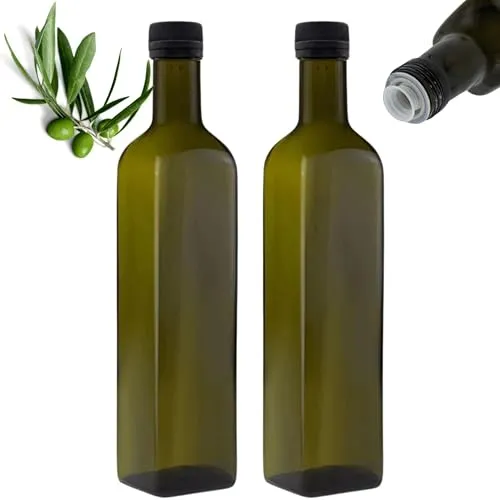 mikken 2x Ölflasche 250ml mit Ausgiesser grün/braune Glasflaschen Ölspender inkl. Etiketten