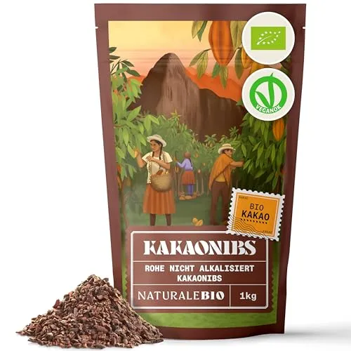 NaturaleBio Roh Kakao Nibs 1Kg - Bio Rohkost - Kochschokolade, biologisch zertifiziert und vegan, reich an Magnesium, Kalium und Eisen für eine gesunde Ernährung.