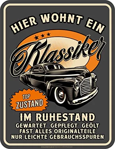 Original RAHMENLOS Deko Blechschild zu Rente und Ruhestand: Hier wohnt ein Klassiker