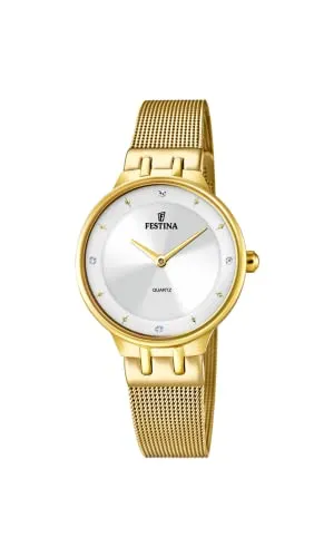 Festina Analog F20598/1 Damenuhr - Elegante Armbanduhr für Damen mit goldfarbenem Edelstahlgehäuse und -armband, silbergrauem Zifferblatt und 5 ATM Wasserdichtigkeit – ideal für jeden Anlass.