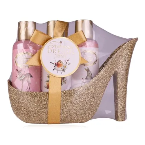 Produktbild Accentra Geschenkset ROMANTIC DREAMS für Frauen, Bade Wellness Pflegeset im High Heel Glitterpumps Design in Rosa Gold, Tea Rose & Velvet Duft, 100 ml Duschgel, 100 ml Bodylotion, 130 g Badesalz