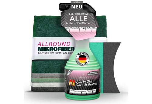 Dr. Wack A1 All in One Care & Protect Autopflege Set (7-St.) - Hochwertiges Pflege- und Schutzset für alle Außenoberflächen. Die Multisurface-Formel sorgt für einen starken Abperleffekt und erleichtert die Reinigung. Ideal für eine einfache Anwendung auf verschiedenen Lackarten und Materialien.