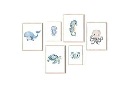 MeinBaby123® Poster Kinderzimmer Meerestiere,  Kinderzimmer Deko, Kinderzimmer Bilder, Unterwasserwelt, süßer Wal, Schildkröte, Qualle