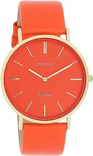 OOZOO Quarzuhr C20321 - Stilvolle Armbanduhr für Damen und Herren - Armbanduhren mit spritzwassergeschütztem Design, auffälligem orangefarbenem Zifferblatt und bequemem Lederarmband für jeden Anlass.
