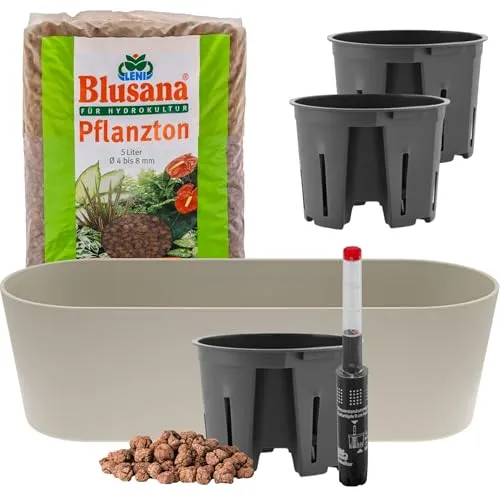 Leni Flori Jardiniere - Hydrokultur-Komplett-Set 36cm - Garten-Zubehör: Selbstbewässernder Pflanzkasten mit Wasserstandsanzeiger und 3 Hydro-Töpfen für optimale Pflanzenpflege – ideal für Kräuter und Zimmerpflanzen.