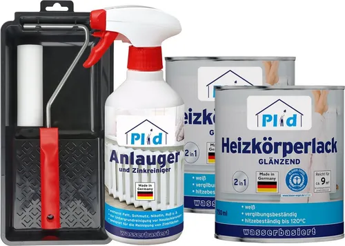 plid Heizkörperlack Premium LF Thermolack weiß Glänzend Set - Hochwertiger Heizkörperlack für Warmwasserheizkörper, schnelltrocknend und bis 120°C temperaturbeständig. Ideal für eine langlebige und widerstandsfähige Oberfläche.