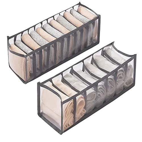 CORTNEY 2 Stück Organizer für Socken und Unterwäsche, Faltbare Kleiderschrank für Krawatten, Gürtel und Andere Zubehörteile, 11+7 Gitter (Grau)