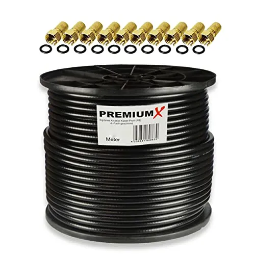 Premium X 100m PROFI Koaxialkabel Schwarz - HiFi-Kabel in Profi-Qualität mit 135 dB, 4-fach geschirmt und UV-beständig, ideal für 8K, 4K UltraHD und HDTV-Anwendungen.