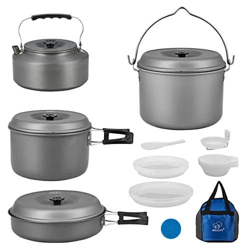 Bulin Camping Kochgeschirr Set,Outdoor Camping Kochset Aluminium,Camping Töpfe und Pfannen für 1-2-4-6 Personen Picknick Camping Wandern (6 Personen 10L Mit Kessel)