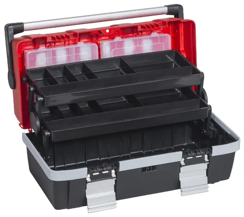 allit Werkzeugkoffer McPlus Alu >C< 18 PP rot/schwarz - Robuster Werkzeugkoffer aus Aluminium und Kunststoff, ideal für Handwerker und Hobbybastler, mit praktischem Design in Rot und Schwarz.