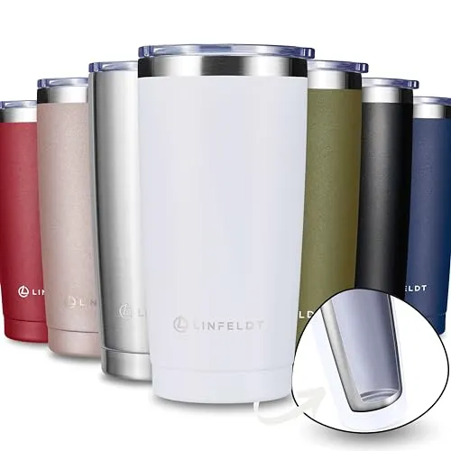 LINFELDT Thermobecher 590ml aus Edelstahl - 1H Heiß & Kalt - Doppelwand Vakuum 17x10 cm Thermo Becher mit Kunststoffdeckel - Gummidichtung (White)