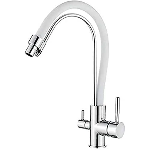Ibergrif M22122-3 - 3 Wege Küchenarmatur, Wasserhahn für Küche mit Weiß Flexibler Auslauf, Chrom, Silber