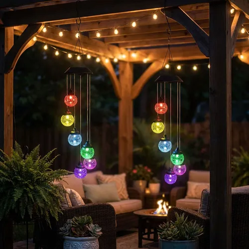 Solarlampe Windspiel Hängeleuchte RGB LED 2er Set für Balkon und Garten - Energiesparende Hängeleuchte mit Farbwechsel und Dämmerungssensor. Ideal für stimmungsvolle Beleuchtung im Außenbereich. Wetterfest und modern im Design.