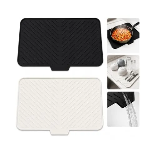 Silikon Abtropfmatte 2er Set mit Ablauf, 40 × 30 cm, Schwarz/Creme | Erhöhte Rillen leiten Wasser gezielt ab; rutschfest, hitzebeständig, lebensmittelecht und leicht zu reinigen.