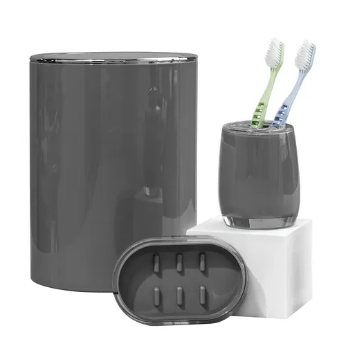 bremermann Badaccessoire-Set Savona grau, 3-teilig - Elegantes 3-teiliges Badezimmer Zubehör-Set aus robustem Kunststoff. Mit hygienischem Kosmetikeimer, praktischem Zahnputzbecher und durchdachter Seifenschale - ideal für modernes Badezimmerdesign.