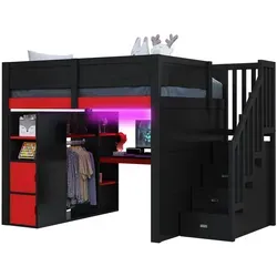Modfu Hochbett Schwarz 140x200 cm mit integriertem Schreibtisch - Platzsparendes Hochbett für Kinder- und Jugendzimmer mit integriertem Schreibtisch und LED-Beleuchtung. Bietet Stauraum und eine praktische Lernzone unter dem Bett für optimale Nutzung von kleinen Räumen.