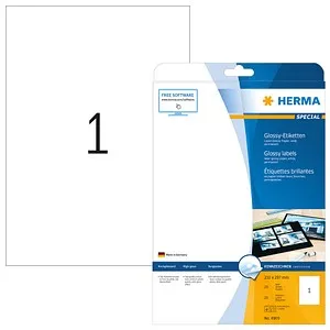 Herma Hochglanz-Etiketten 4909, 210 x 297mm - Sonstige Etiketten, glänzende Foto-Qualität für brillante Drucke, ideal für Produktaufkleber und Präsentationen, lösungsmittelfreier Kleber, Made in Germany.