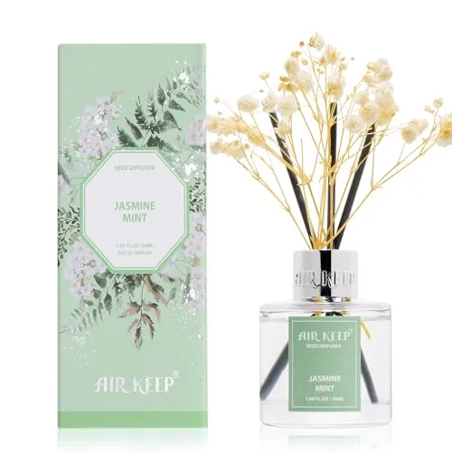 Airkeep Raumduft 50ml – Jasmine Mint– Duftstäbchen Diffuser mit Trockenblumen – Deko Lufterfrischer für Badezimmer, kleines Zimmer & Wohnzimmer – Geschenkidee