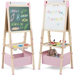 COSTWAY 3 in 1 Staffelei Kinder, Kindertafel höhenverstellbar mit Whiteboard, Kreidetafel, Papierrolle, Zahlen, Kreiden&Farbstift, für Kinder 3+Rosa - Rosa