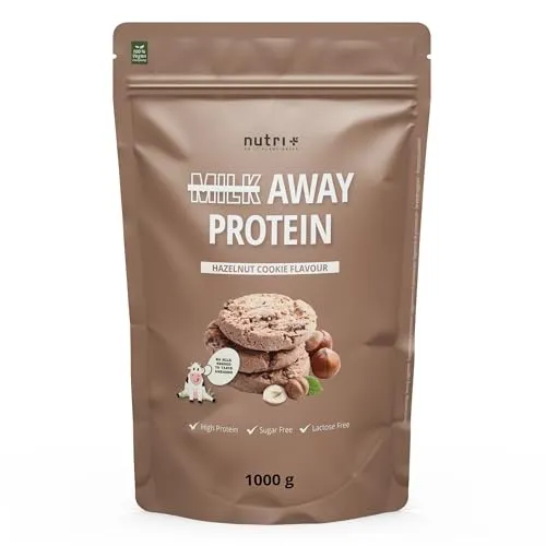 nutri+ Milk Away Protein Pulver – 5 Sorten - Veganer Proteinshake in Geschmacksrichtung Hazelnut Cookie, ideal für Sportler zur Regeneration nach dem Training. Einfach mit Wasser mischen und genießen!