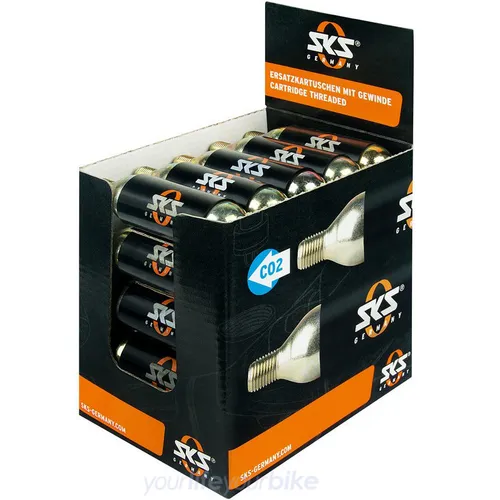 SKS CO2-Kartuschenpaket 16g mit Gewinde, 25 Stück - Luftpumpen – 25 hochwertige 16g CO2-Kartuschen für schnelle Reifenbefüllung, kompatibel mit allen gängigen CO2-Pumpen, ideal für Radfahrer auf Tour oder Wettkampf.