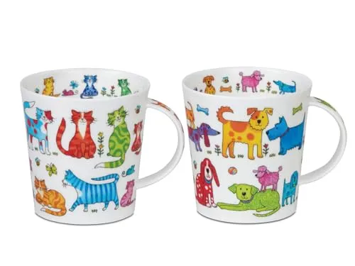 Dunoon Tasse 2er Set Becher Cairngorm Colourful Crew Katzen und Hunde 0,48 l, 1-tlg., Spülmaschinengeeignet