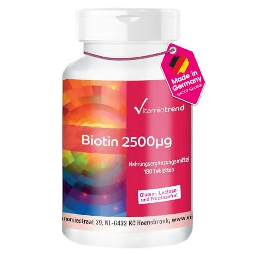 Vitamintrend Biotin 2,5mg, 180 Tabletten, hochdosiert, Nahrungsergänzungsmittel vegan ohne Magnesiumstearat, in Deutschland hergestellt
