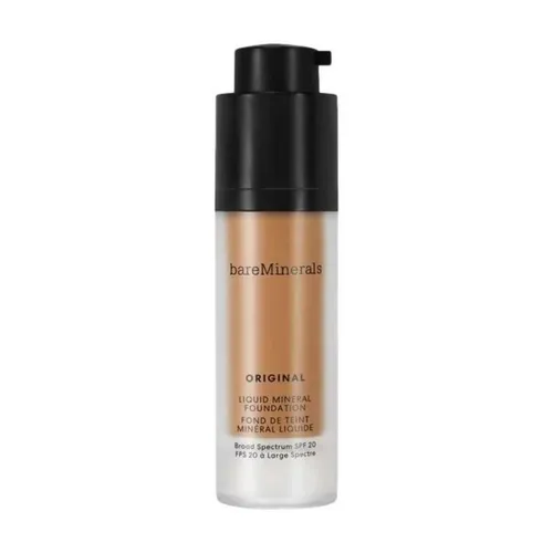 bareMinerals Original Liquid Foundation 30 ml - Medium Dark - Make-up mit natürlichem, strahlendem Finish und SPF 20. Diese vegane, hautverbessernde Flüssigfoundation minimiert Poren und Rötungen, ideal für frische Haut ohne Verstopfen der Poren.