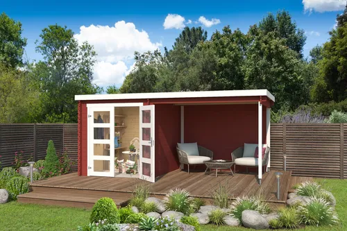 Gartenhaus Blockhaus Pultdach 28 mm Long Beach rot - Gartenhaus mit 10.47 m² Nutzfläche und abschließbarer Doppeltür, ideal für Gartenliebhaber, die einen sicheren Rückzugsort suchen.