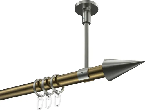 Interdeco Gardinenstange Messing Antik 120 cm mit Edelstahl-Optik - Moderne Gardinenstange Typ Sonette Savio (Kegel) aus Metall, 1-läufig, 20 mm Ø, ideal für Deckenmontage. Stilvolle Kombination aus Messing Antik und Edelstahl-Optik für jeden Raum.