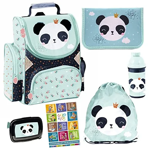 Goldkids 6er Set Schulranzen mit Panda Motiv - Vielseitiges Schulset ab 1. Klasse: Ranzen, Federmappe, Turnbeutel, Brotdose, Trinkflasche und Aufgabenheft. Ergonomisches Design und BPA-freie Materialien für einen sicheren Schulstart!