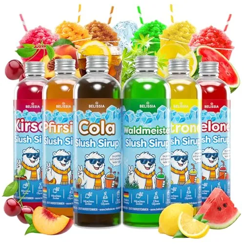 Belissia Slush Eis Sirup 6×250 ml Konzentrat | Sommer-Set | Sehr ergiebig (1:5) für bis zu 9 L Slush-Eis | Glycerin frei | Knallige Farben – für Slush-Maschinen & Wassereis