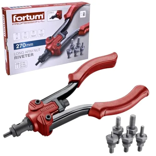 Fortum Hand-Nietmutternzange für Gewindenieten I Nietmutter-Zange für M3-M10 Nietmuttern aus Alu, Messing, Stahl & Edelstahl I 27cm lange, kraftvolle Nietzange inkl. Zugstifte