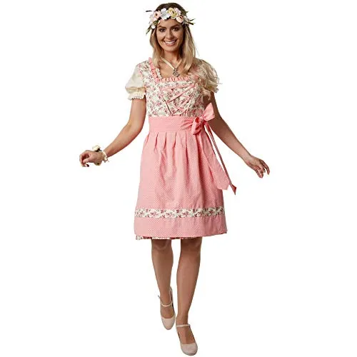 dressforfun Mini Dirndl Damen, kurzes Trachtenkleid mit Blumenmuster, Dirndlkleid Damen, Trachtenmode Damen Trachten Trachtenrock mit Dirndlschürzen, Tracht Oberteil mit Rüschen - (XXL| Nr. 302974)