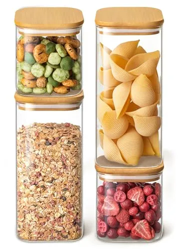 Praknu Vorratsgläser mit Deckel - 4er Set Eckig, luftdicht und stilvoll - Glasbehälter & Töpfe: Platzsparendes 4-tlg Set aus Borosilikatglas mit luftdichten Bambusdeckeln, ideal für die stilvolle Aufbewahrung von Trockenvorräten in der Küche.