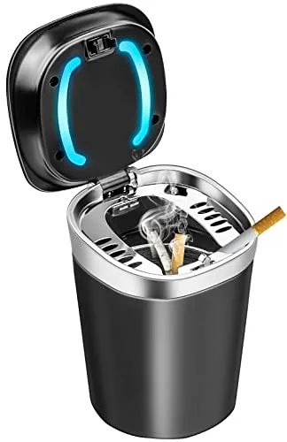 Auto Aschenbecher, Tragbare Edelstahl Aschenbecher Auto mit LED Licht und Deckel für Auto Haus Büro