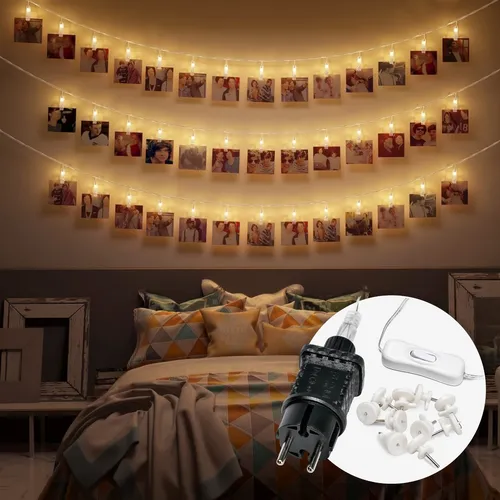 CozyHome LED Foto Clip Lichterkette mit Netzstecker - 6 Meter  & 30 Klammern