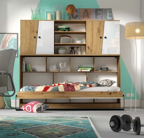 Jugendzimmer Set 2-tlg Schrankbett artisan eiche weiß Hochglanz