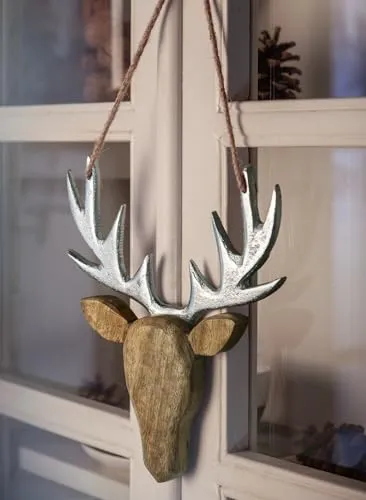 Dekoleidenschaft Dekohänger Hirsch aus Holz & Alu, silber glänzend, Hirschkopf aus Mangoholz mit Geweih aus Aluminiumguss, Wandhänger, Wanddeko, Hirschdeko, Fensterdeko hängend, ganzjährig